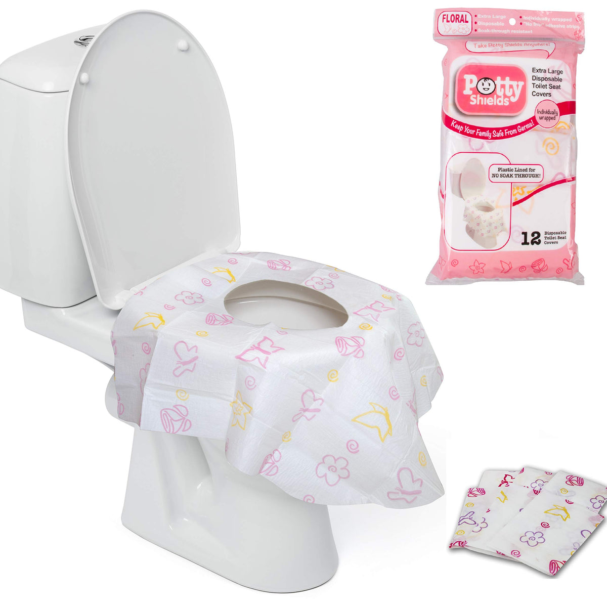 Potty Shields Fundas desechables para asientos de inodoro para niños y adultos (paquete de 12), Protección contra gérmenes de baños públicos, Impermeables, XL para cubrir TODO el inodoro, Rosa/Floral