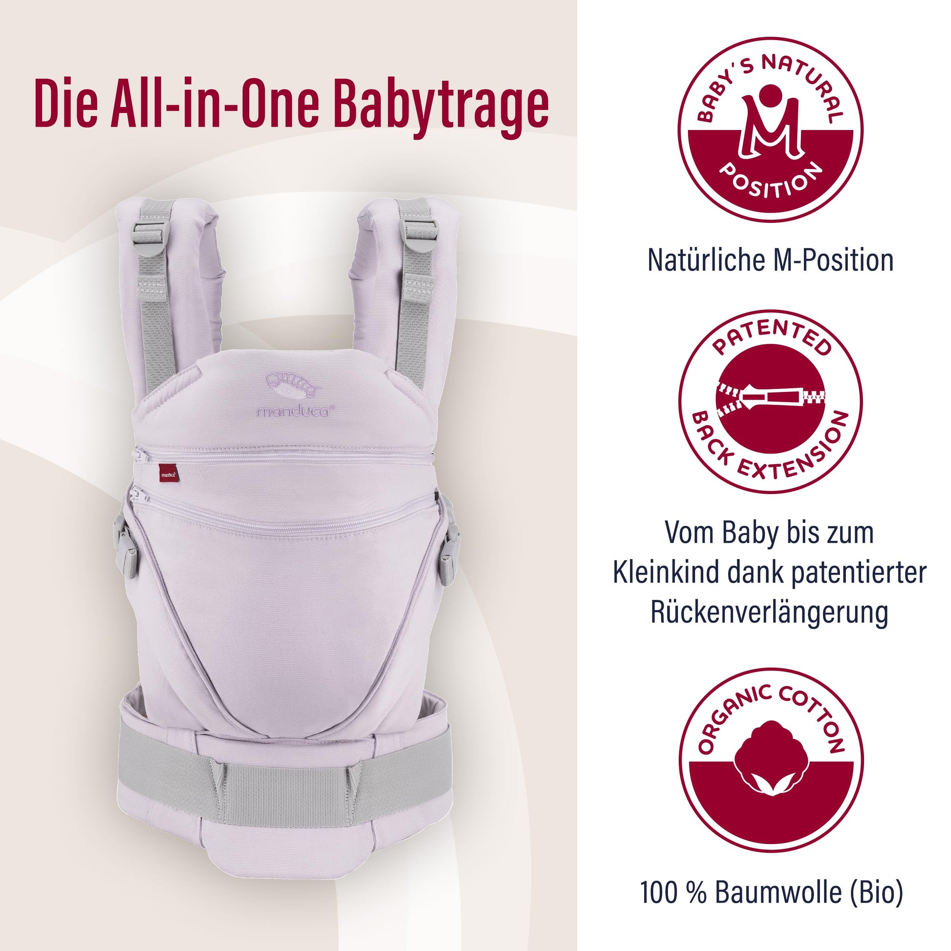 Manduca XT, portabebés con asiento ajustable, 3 posiciones de transporte (delantero, cadera y espalda), algodón orgánico, crece con tu bebé (3,5-20 kg), Monochrome Lavender, XT Cotton
