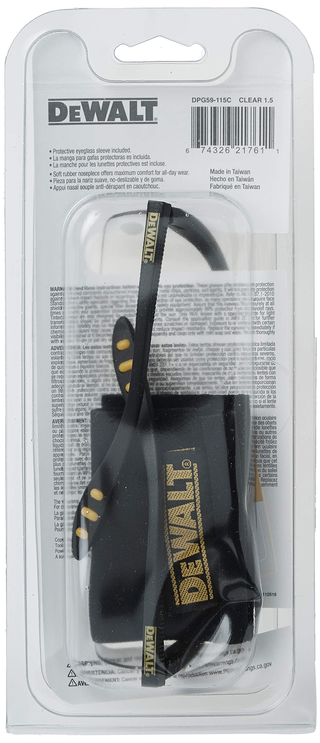 Dewalt DPG59-110C Refuerzo Rx-Bifocal 1.0 Lente transparente de alto rendimiento anteojos de seguridad con patillas de goma y funda protectora para anteojos