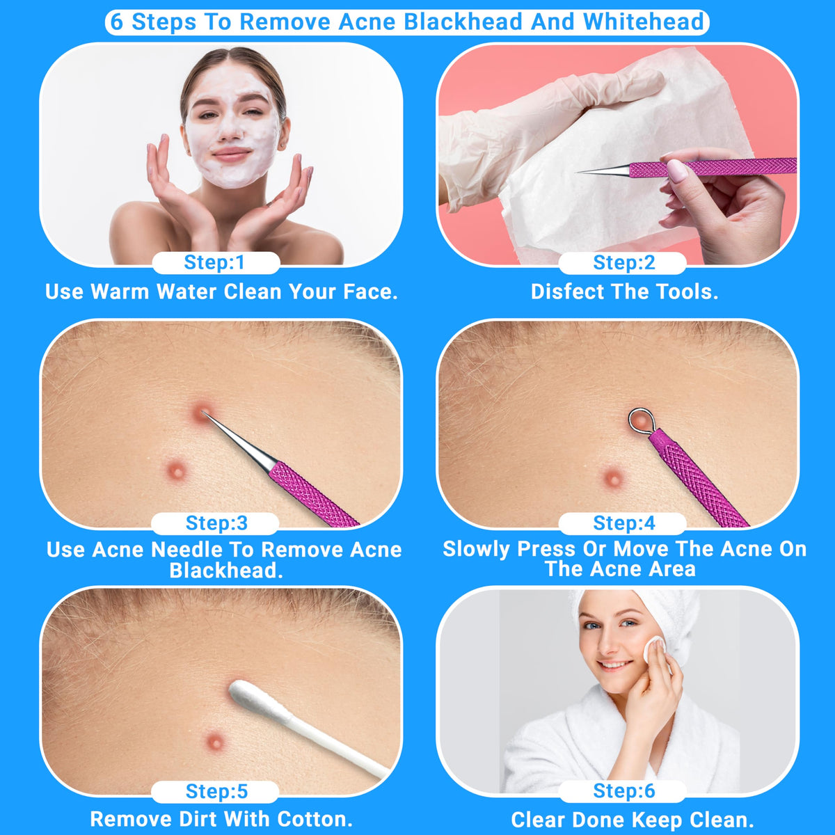 EFAH Care Extractor de espinillas de acero inoxidable para tratamiento del acné, manchas quirúrgicas, eliminador de puntos negros, perfecto para la cara y la nariz, fácil de limpiar, color rosa