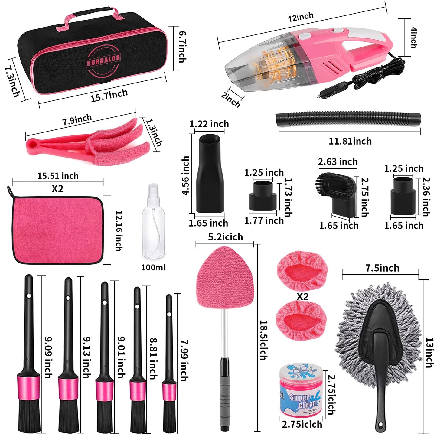HORDALOR - Kit de detalles de interior de coche, 16 piezas de kit de limpieza de coche con aspiradora de mano de alta potencia, juego de cepillos de detalles, gel de limpieza, herramienta de limpieza