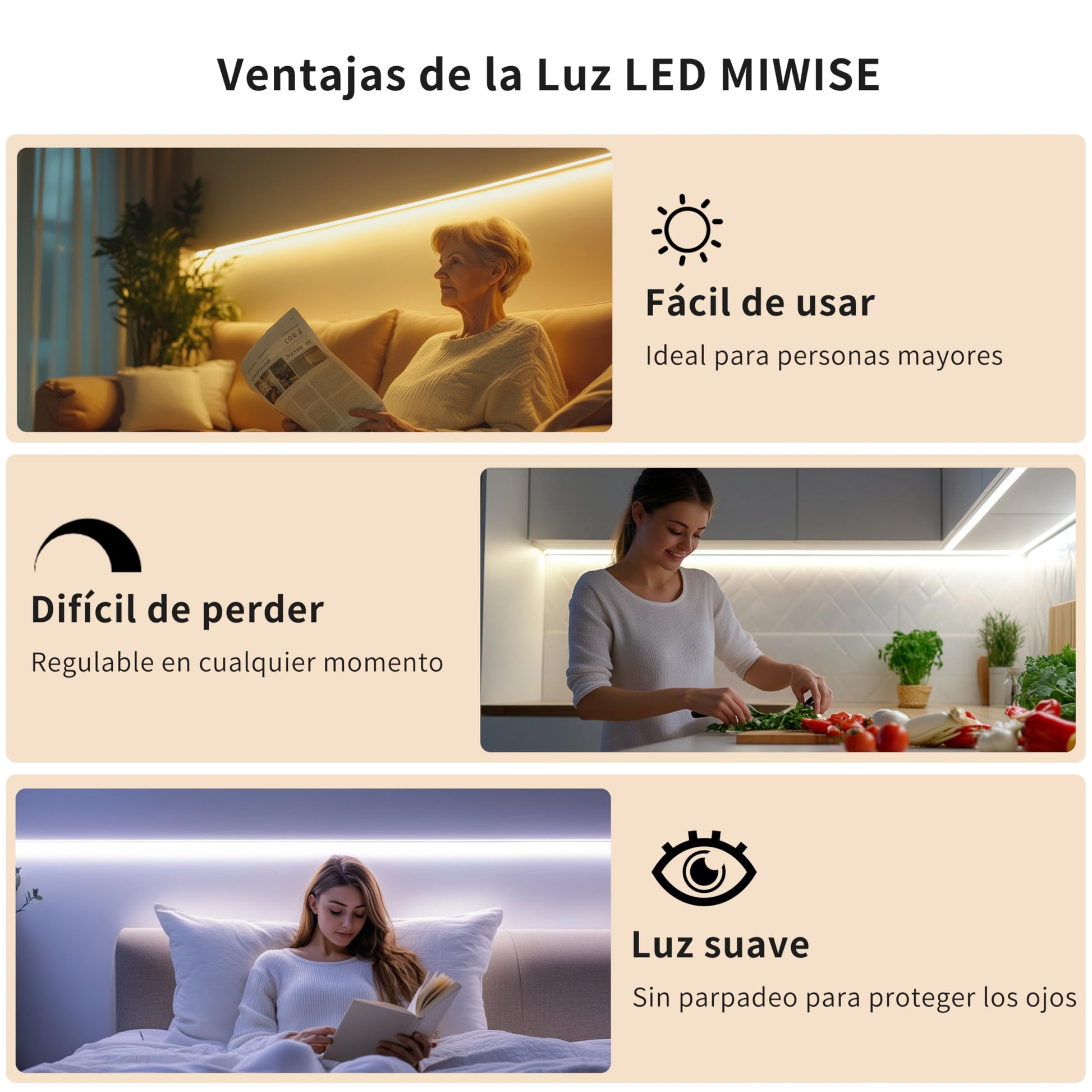 Tira de Luz LED MIWISE blanco cálido de 3000 K CRI 90+ regulable de alto lumen para gabinetes y oficinas en casa