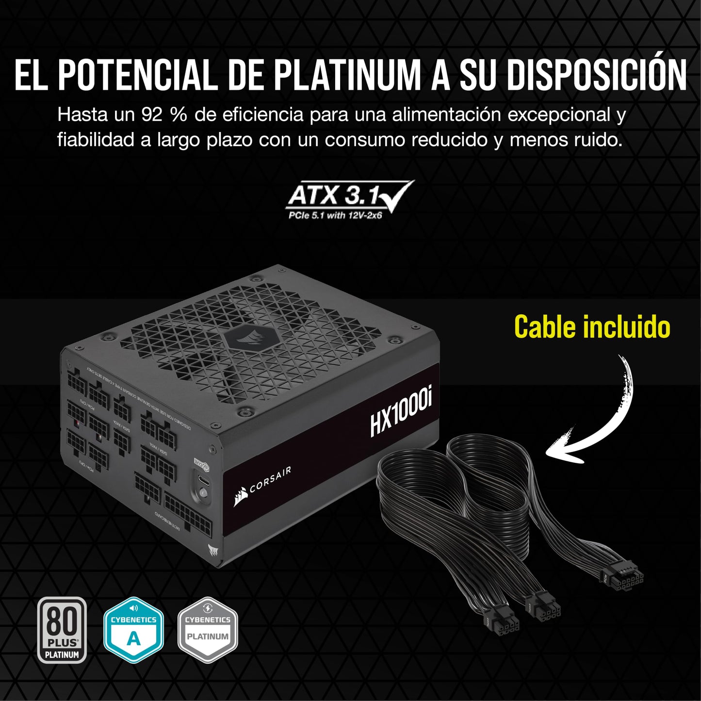 Corsair HX1000i Fuente de Alimentación ATX Totalmente Modular de Muy Bajo Nivel Sonoro - Compatible con ATX 3.0 y PCIe 5.0 -Ventilador con Rodamiento Dinámico Fluido - 80 Plus Platinum - Negro