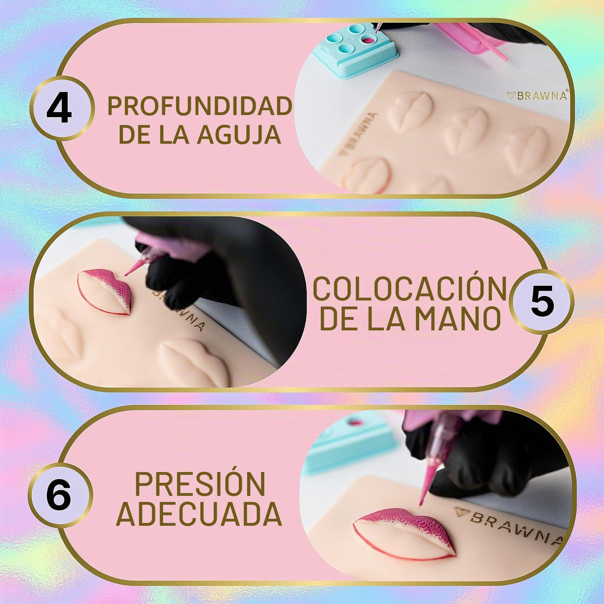 BRAWNA Piel de Práctica 3D Labios 3Pcs Maquillaje Permanente | Silicona Suave Textura Humana, 10 Formas Lip Blush