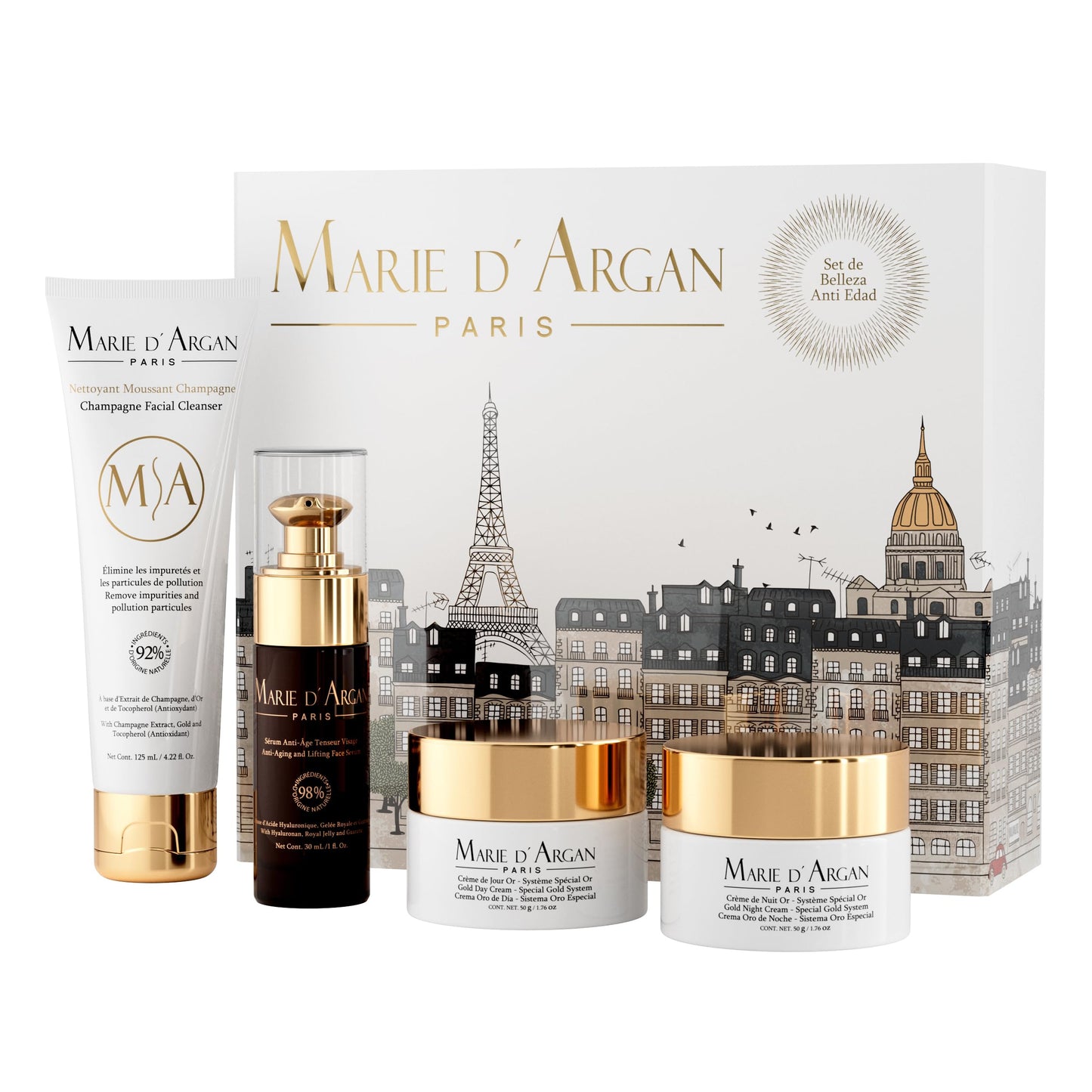 Marie d’Argan Paris Kit Facial Antiedad Skincare Edicion Especial– Crema Día y Noche con Oro, Sérum Tensor Antiedad, Limpiador Facial de Champagne | Paquete Completo de Cuidado, Hidratación y Rejuvenecimiento | Estuche Premium | COSMETIQUERA DE REGALO