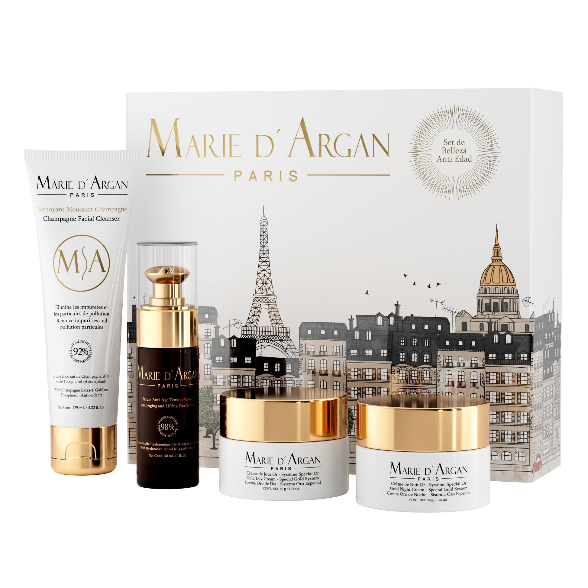 Marie d’Argan Paris Kit Facial Antiedad Skincare Edicion Especial– Crema Día y Noche con Oro, Sérum Tensor Antiedad, Limpiador Facial de Champagne | Paquete Completo de Cuidado, Hidratación y Rejuvenecimiento | Estuche Premium | COSMETIQUERA DE REGALO