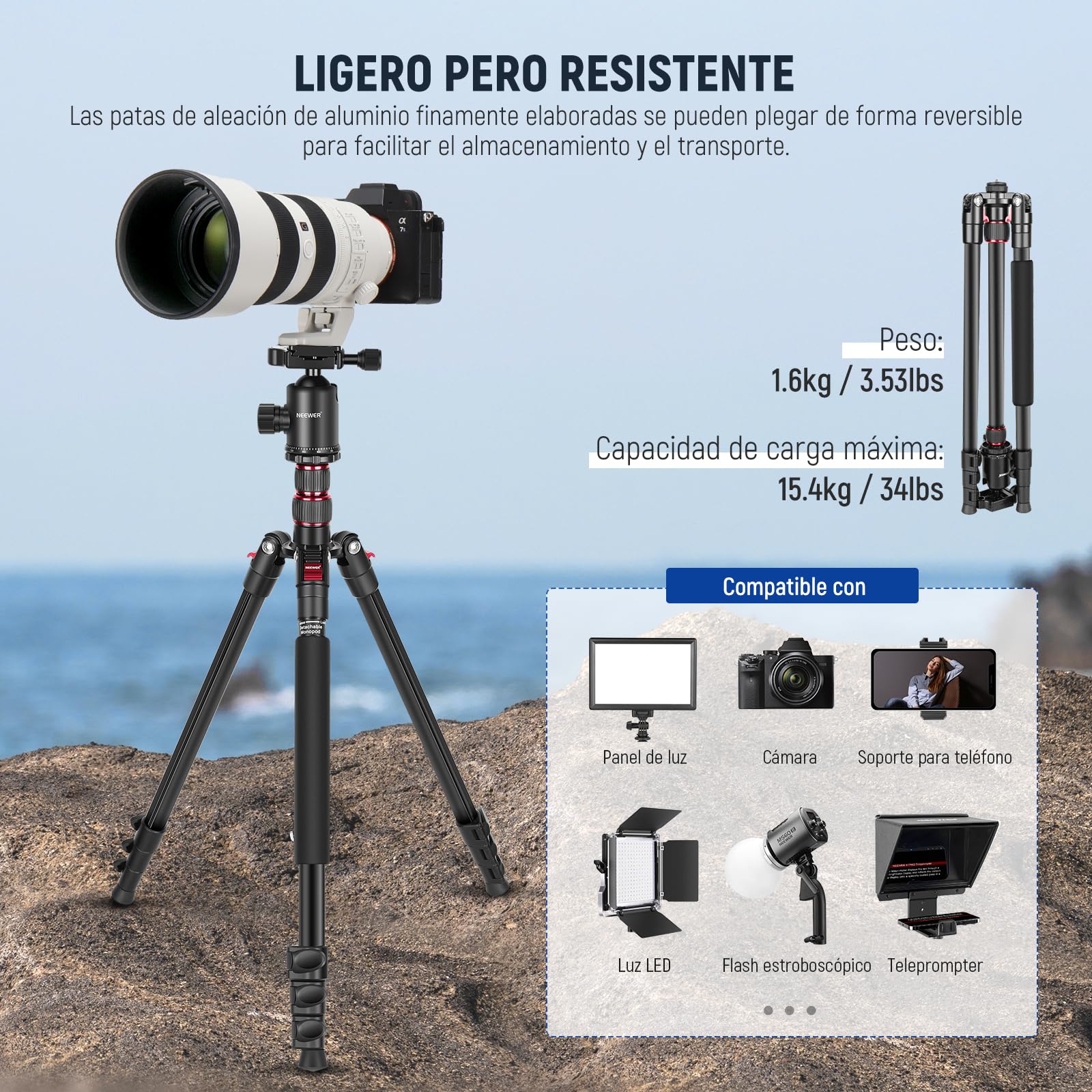 Trípode de Cámara Neewer Aluminio Compacto con Rótula Panorámica para Fotografía Profesional