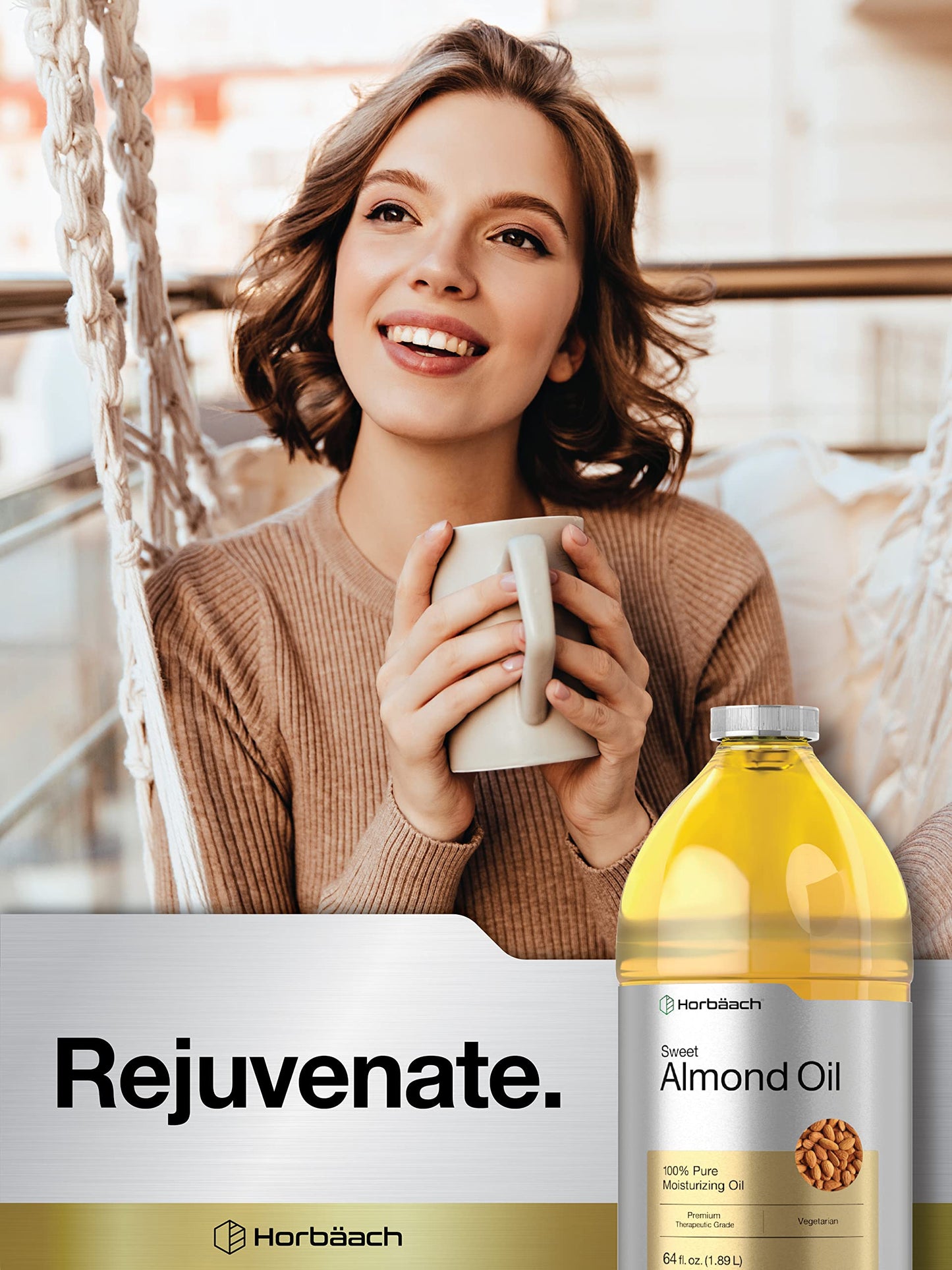 Horbaach Sweet Almond Oil 64 fl oz 100% Pure €" for Hair, Face & Skin €" Expeller Pressed €" Vegetarian, Non-GMO
