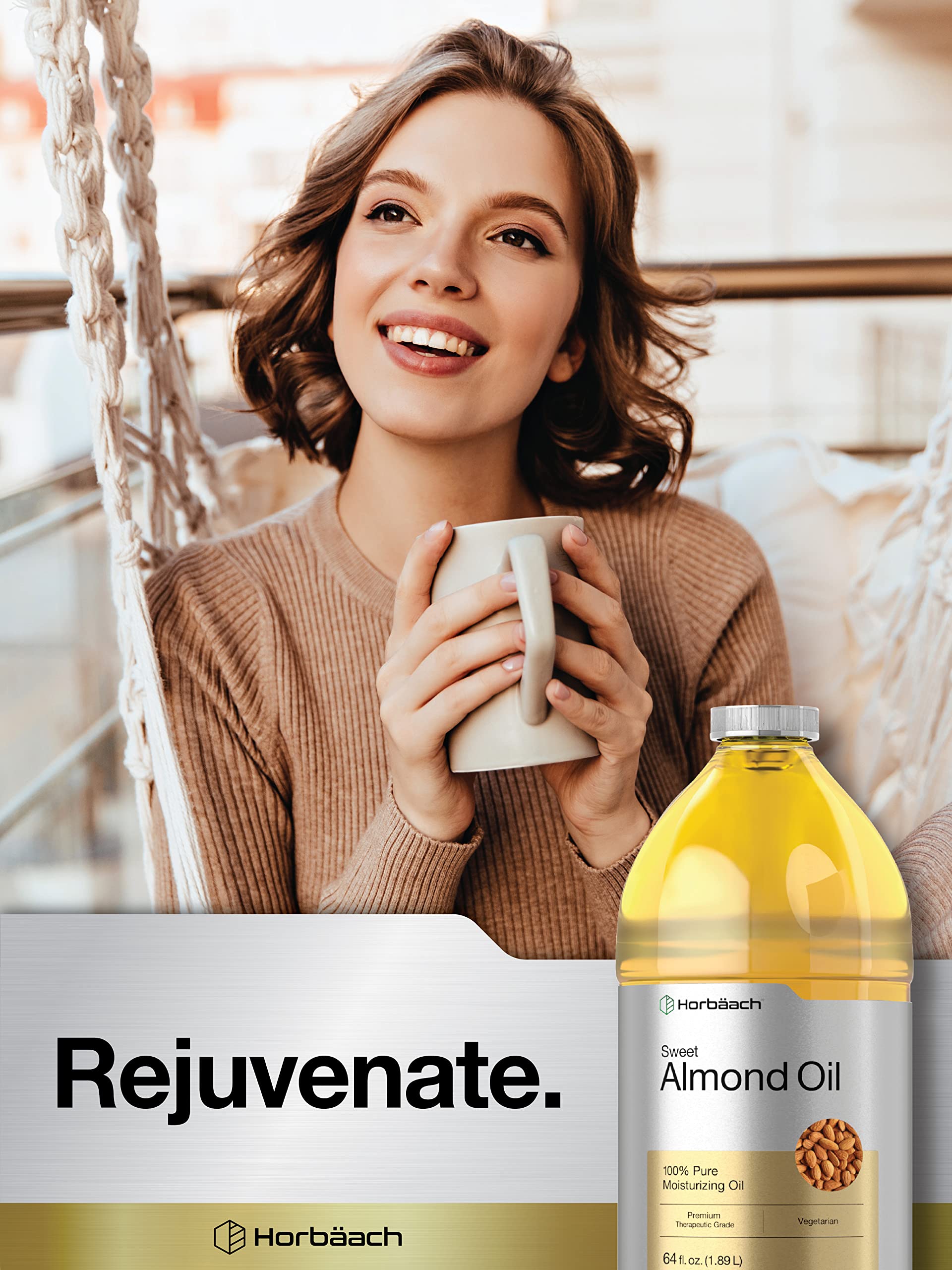 Horbaach Sweet Almond Oil 64 fl oz 100% Pure €" for Hair, Face & Skin €" Expeller Pressed €" Vegetarian, Non-GMO