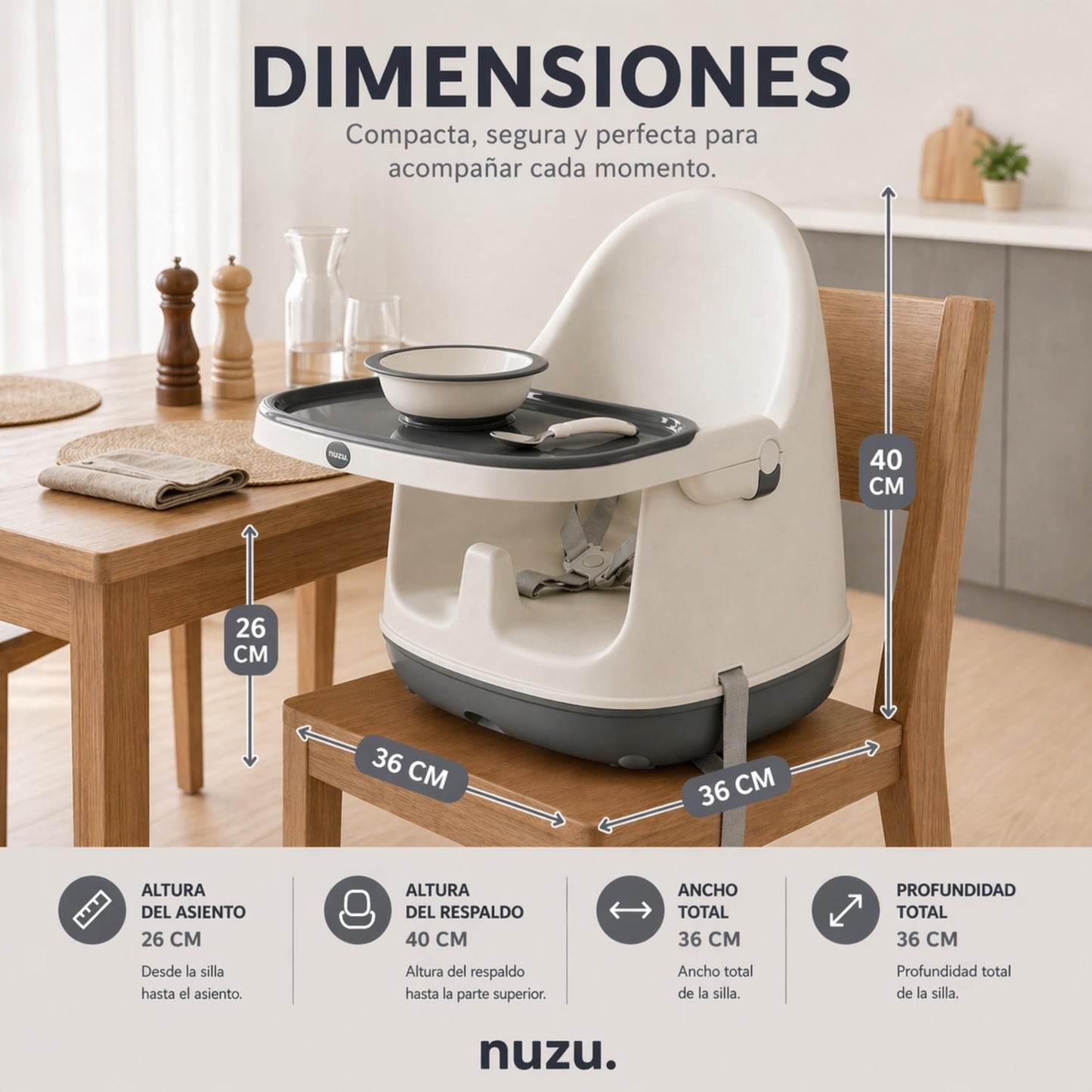 NUZU Periquera para Bebe 3 en 1 | Silla para Bebe Comer Multifuncional con Seguridad y Estilo | Versatilidad en Espacios Reducidos | Asiento Elevador Ajustable para Bebes 6 meses a 4 Años.(Gris)