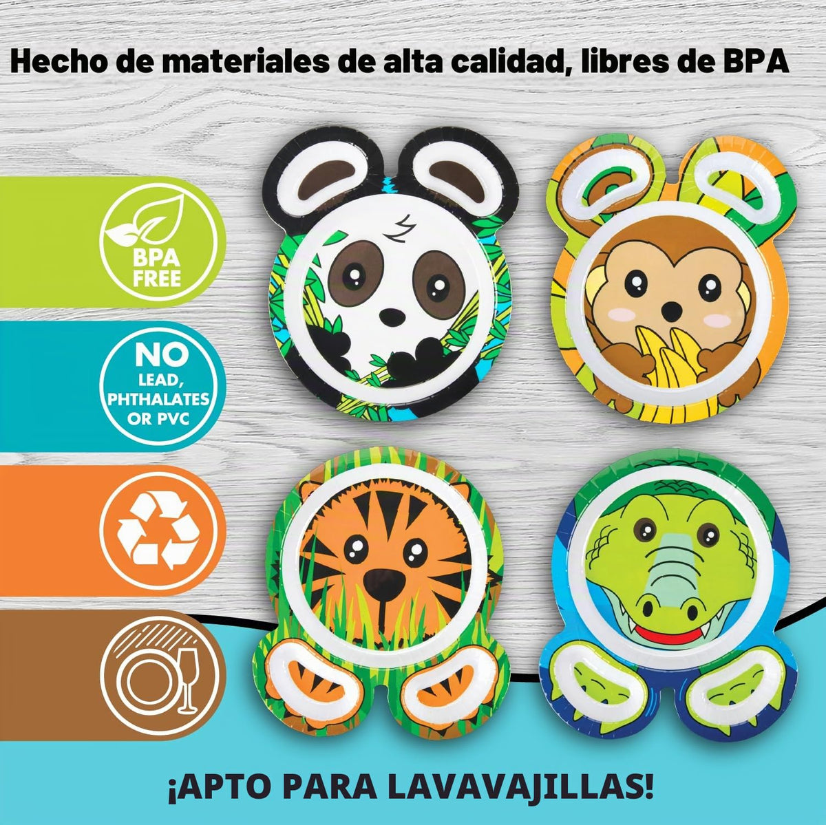 Zoo Friends Mealtime Feeding Plates - Set of 4 Different Cute Animal Dishes for Kids - Panda, Alligator, Tiger & Monkey - Divided Compartments, Melamine, BPA Free, Dishwasher Safe