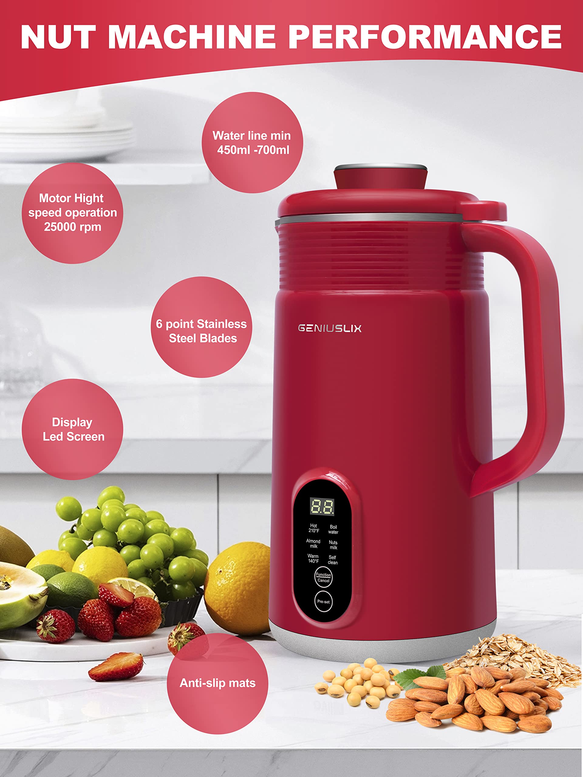 GENIUSLIX Máquina automática para hacer leche de nueces para leche casera a base de plantas con limpieza automática y control de temperatura, máquina de leche de soja, avena, coco, anacardo, almendra