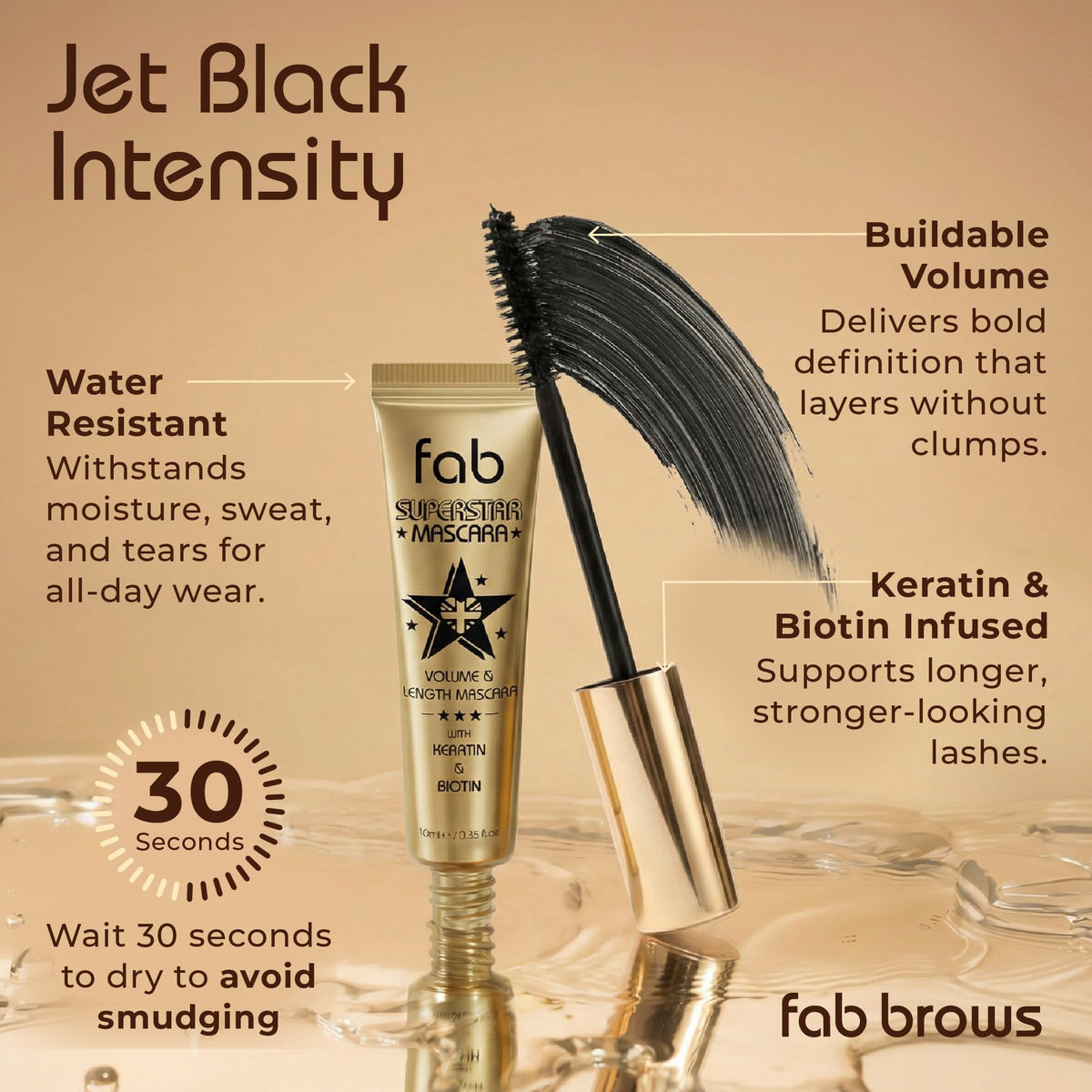 Fab Brows- Fab Superstar Mascara: Máscara de Pestañas Voluminizadora Resistente al Agua y con Efecto Lifting: Máscara de Pestañas Líquida Negra