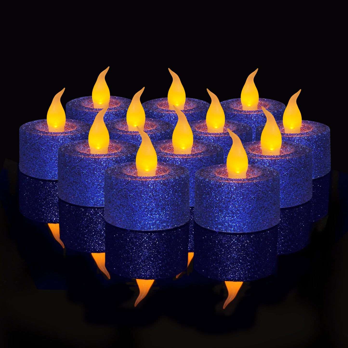 FURORA LIGHTING - Velas LED con purpurina azul real, paquete de 12, velas parpadeantes sin llama para decoración del hogar, 1.5 pulgadas de ancho x 1.65 pulgadas de alto, funciona con pilas