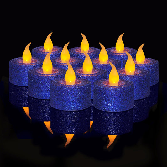FURORA LIGHTING - Velas LED con purpurina azul real, paquete de 12, velas parpadeantes sin llama para decoración del hogar, 1.5 pulgadas de ancho x 1.65 pulgadas de alto, funciona con pilas