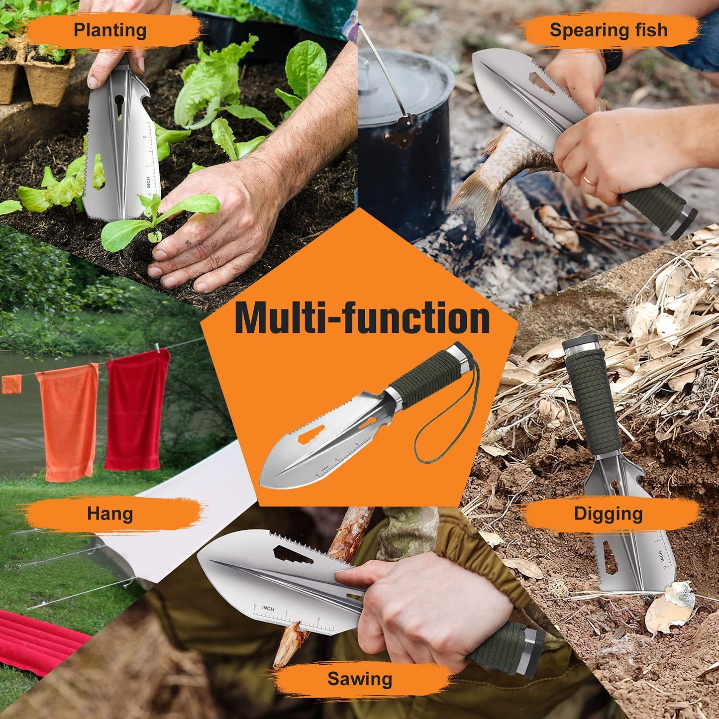 FLYEGO - Paleta de mochilero, ligera, accesorios para camping, senderismo, pala, pala de mano, ultraligera, con bolsa de transporte para detectar metales, excavar, jardinería, exterior (plata) 9 en 1