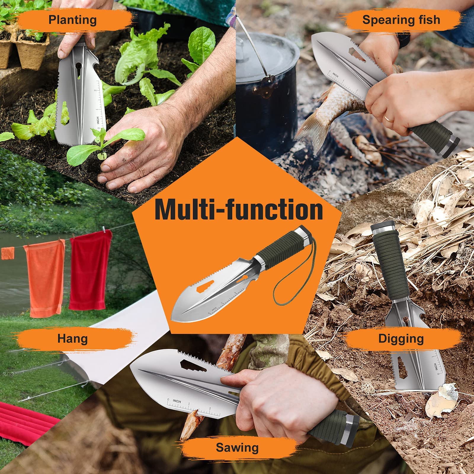 FLYEGO - Paleta de mochilero, ligera, accesorios para camping, senderismo, pala, pala de mano, ultraligera, con bolsa de transporte para detectar metales, excavar, jardinería, exterior (plata) 9 en 1