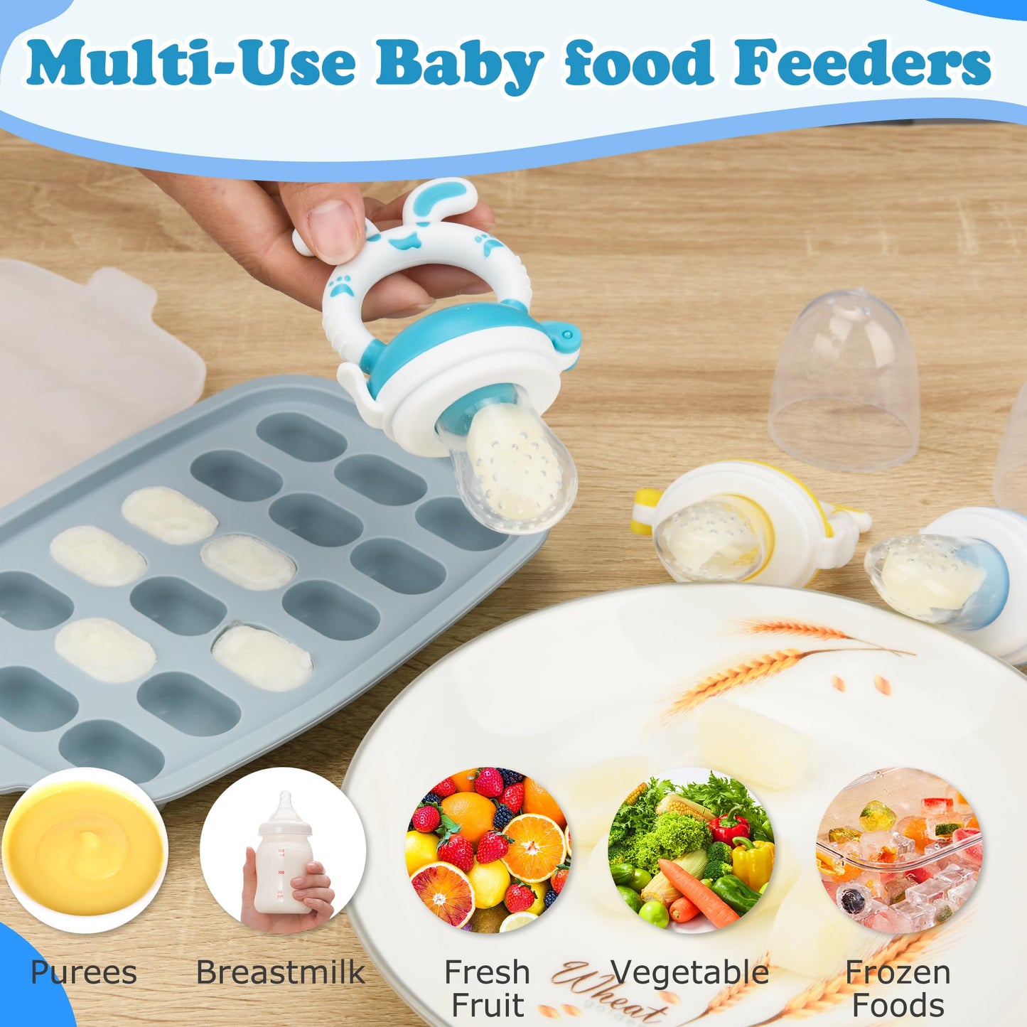 Food Feeder Baby Fresh Fruit Feeder (3 Pcs) with Silicone Pacifiers(3 Pcs), Pacifier Clip(1 Pc), First Training Baby and Toddler Spoon and Fork Set for Baby-Led Weaning-Anti-Choke(6 Pcs)