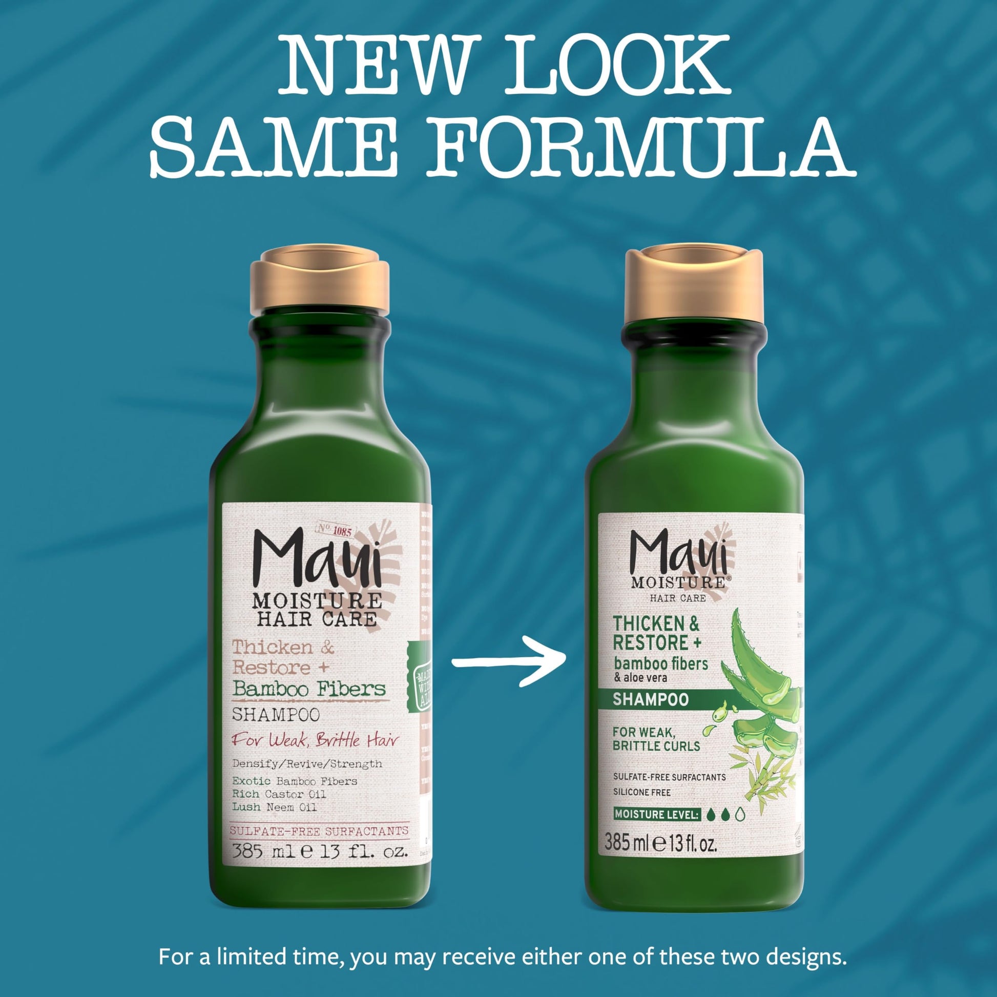 Maui Moisture, Thicken & Restore + Bamboo Fibers, Shampoo, Repara y Suaviza, Brinda Volumen a Cabello Rizado, Ondulado y Definido, Sin Parabenos, Fibra de Bamboo, 385 ml