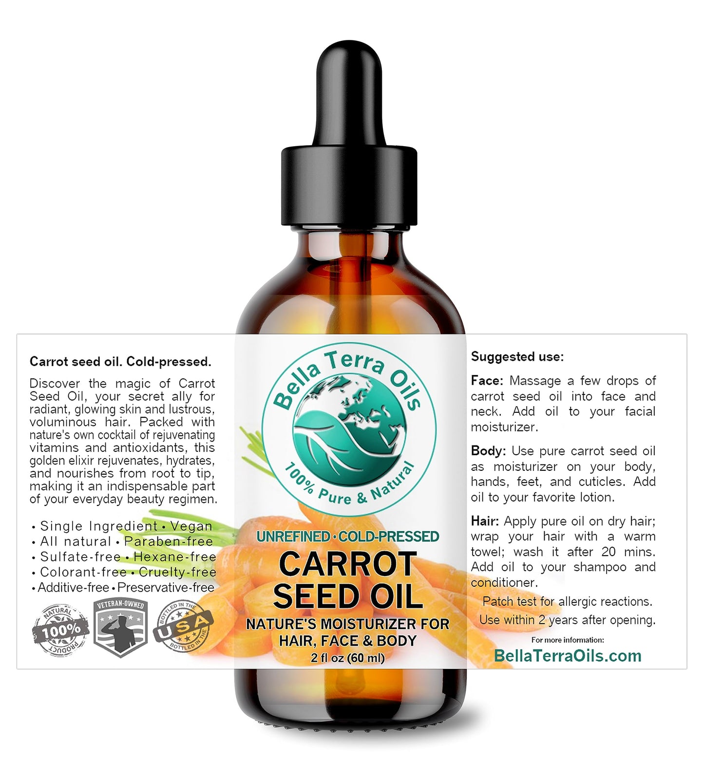 Carrot Seed Carrier Oil 2 oz 100% Pure Cold-pressed Unrefined Organic - Bella Terra Oils