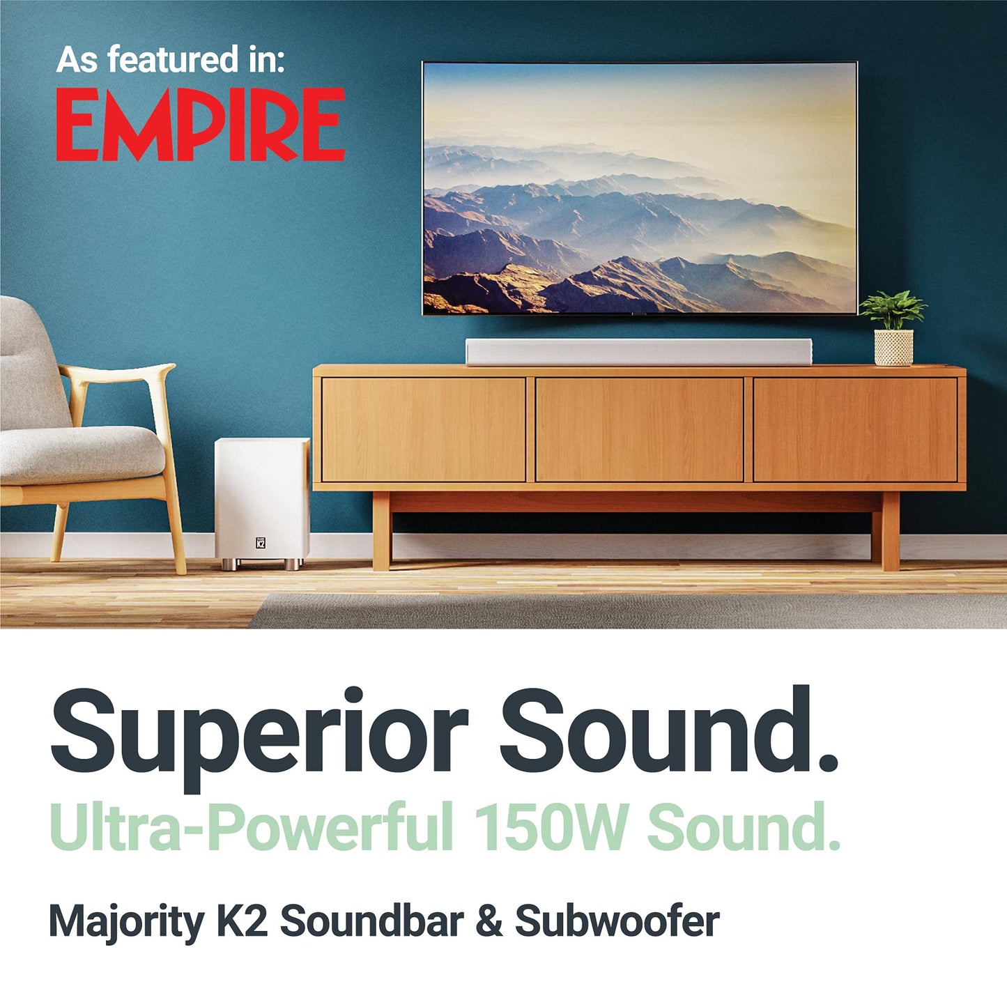 Majority K2 - Barra de sonido con subwoofer | 150 W potente barra de sonido estéreo de 2.1 canales para TV | Sonido envolvente 3D de cine en casa I HDMI ARC, Bluetooth, conexión óptica y RCA I USB y