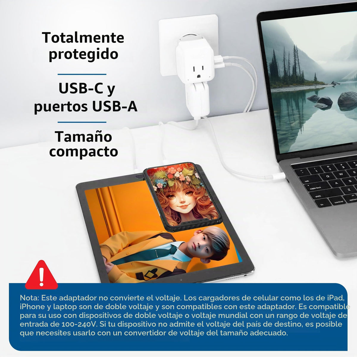 Juego de Adaptador de Corriente Ceptics South Africa Blanco con Doble USB y USB-C para Viaje en África