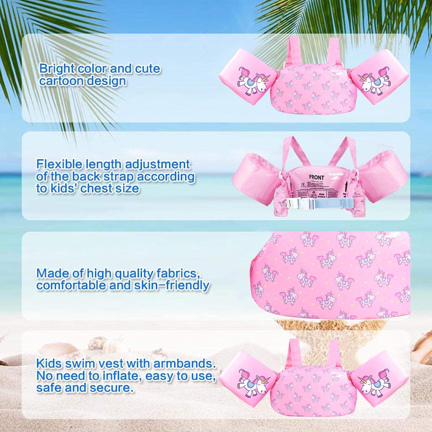 Gogokids Chaleco de natación para niños, flotadores para niñas y niños de 9-13-18-23 kg, flotadores de alberca con alas de Agua y Correa de Hombro para niños de 2-6 años