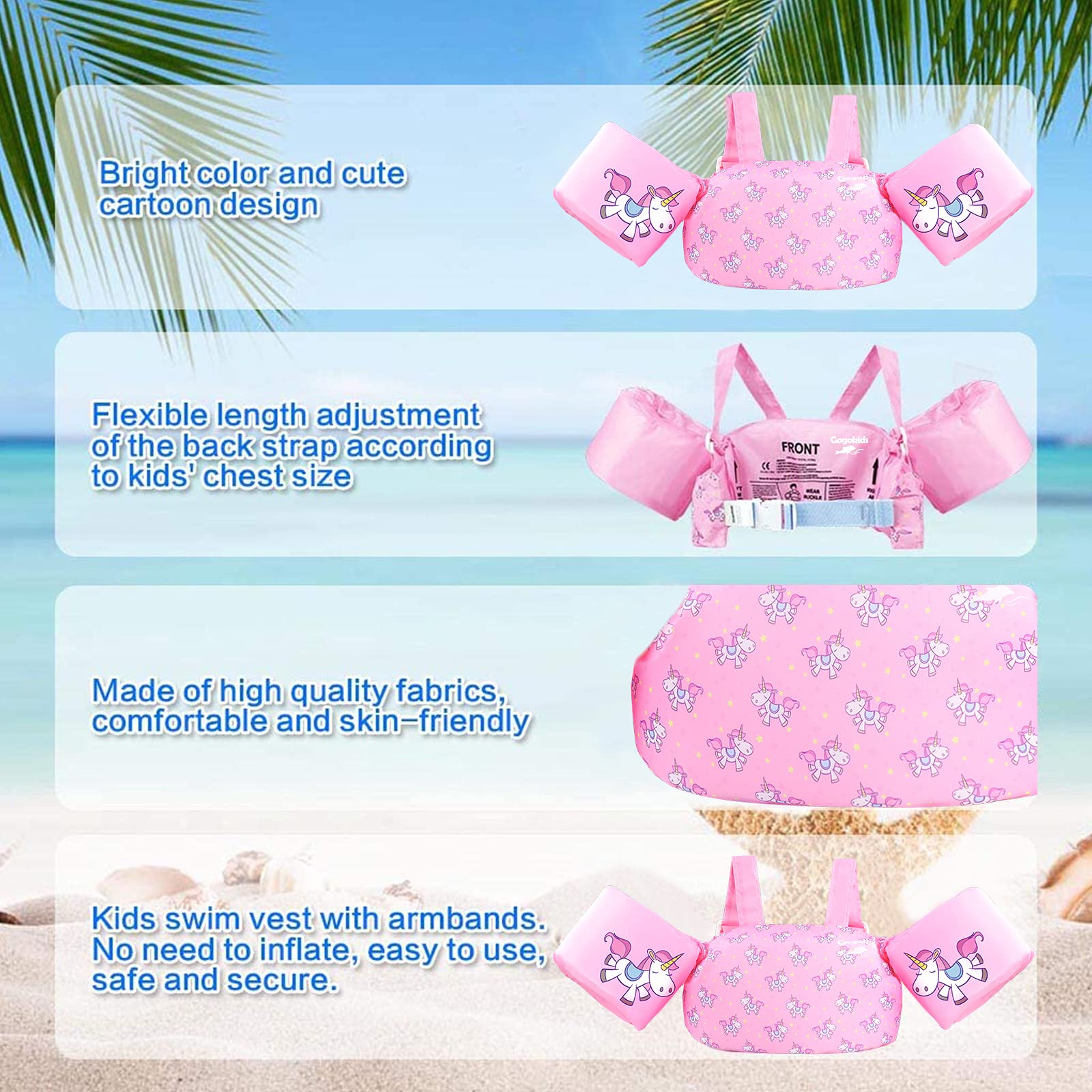Gogokids Chaleco de natación para niños, flotadores para niñas y niños de 9-13-18-23 kg, flotadores de alberca con alas de Agua y Correa de Hombro para niños de 2-6 años