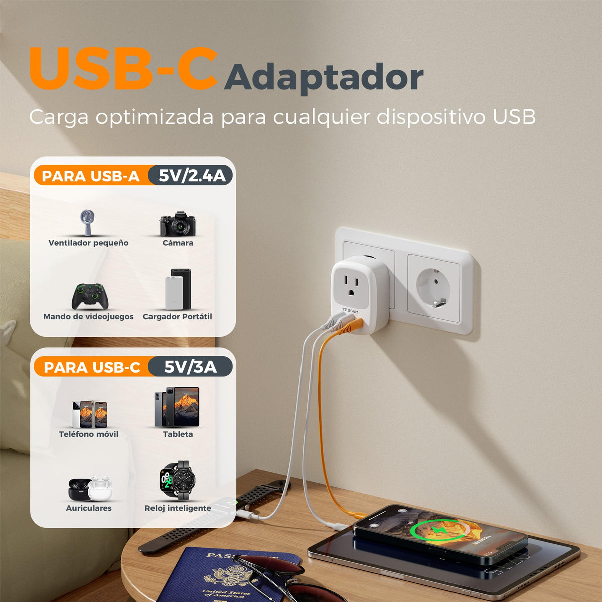 Adaptador Europeo TESSAN Blanco 15W Cargador Tipo C Carga Rápida 2 Unidades