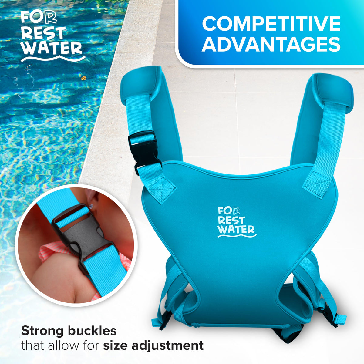 Portabebés para agua de descanso – Eslinga ergonómica de neopreno de alta calidad para diversión en agua y tierra cálida y segura (4-24 meses) – Arnés ajustable para bebés y niños pequeños (Lightblue)