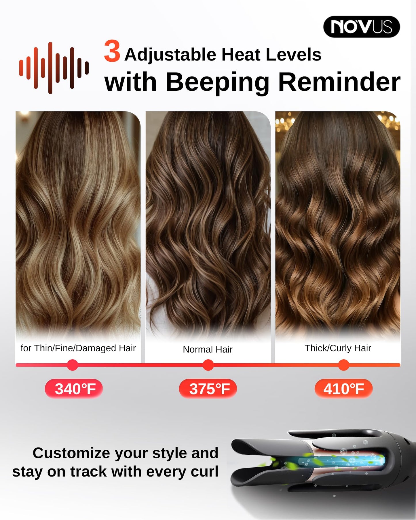 NOVUS Rizador Automático Antiquemaduras, Rizador Giratorio, Rizador De Cerámica, Dirección Ajustable Con Varita De Rizado Automático, Recordatorio De Tiempo, Apagado Automático De 30 Minutos, 3 Ajuste