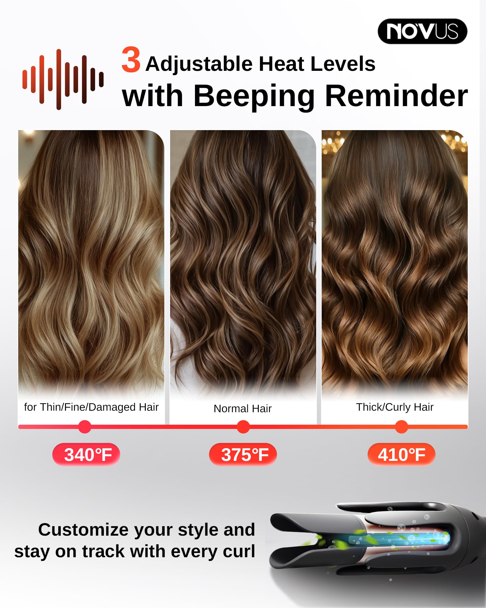 NOVUS Rizador Automático Antiquemaduras, Rizador Giratorio, Rizador De Cerámica, Dirección Ajustable Con Varita De Rizado Automático, Recordatorio De Tiempo, Apagado Automático De 30 Minutos, 3 Ajuste