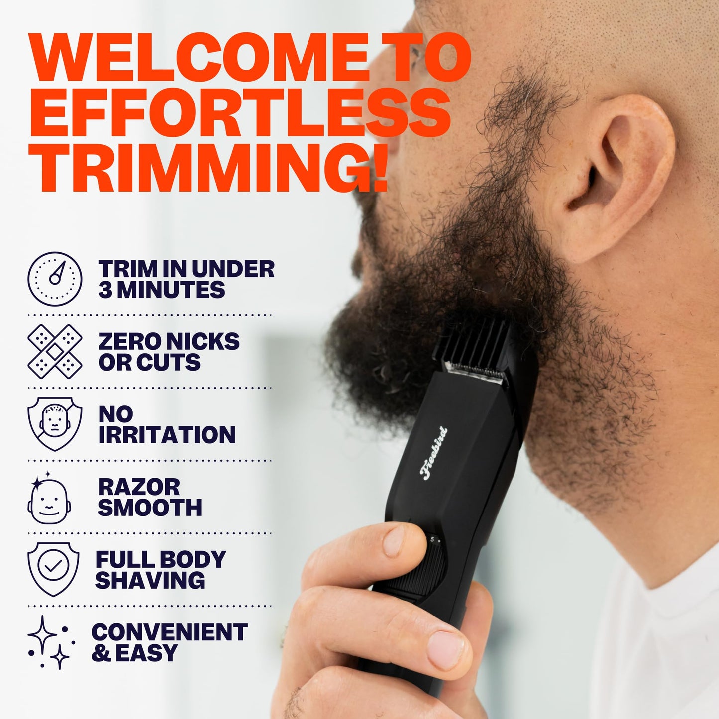 Freebird BeardSeries - Recortadora de barba ultra afilada con esfera de precisión, cuchillas de acero inoxidable, 40 ajustes de longitud, inalámbrico y recargable, para barba, cabello, cuerpo y aseo