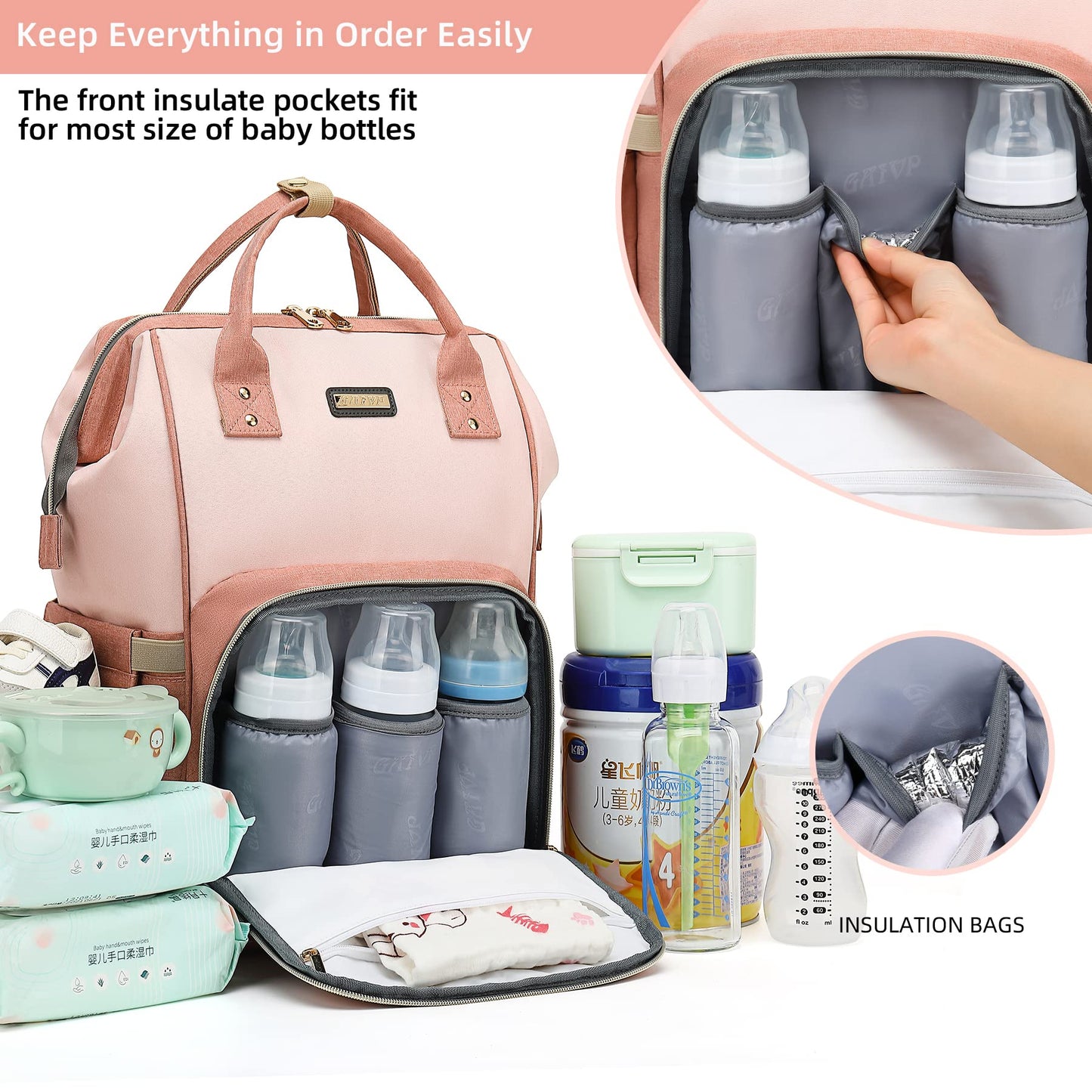 Mochila para pañales, bolsas de pañales para bebés y niñas, bolsas de bebé para mamás, papás, bolsa cambiadora de pañales con bolsillos aislados, mochila impermeable multifuncional con correas de