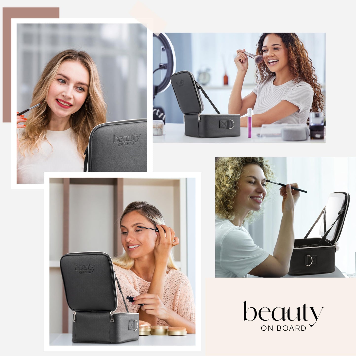 BeautyOnBoard - Bolsa de maquillaje con espejo LED, funda de maquillaje de piel sintética, 3 niveles de brillo ajustables, estuche cosmético iluminado con espejo, divisores, organizador de viaje