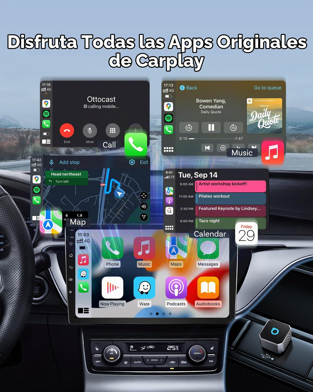 Adaptador Inalámbrico OTTOCAST Mini Pot 2025 Blanco WiFi 5 GHz Plug & Play para iPhone y Android en Coches OEM para Hombre y Mujer