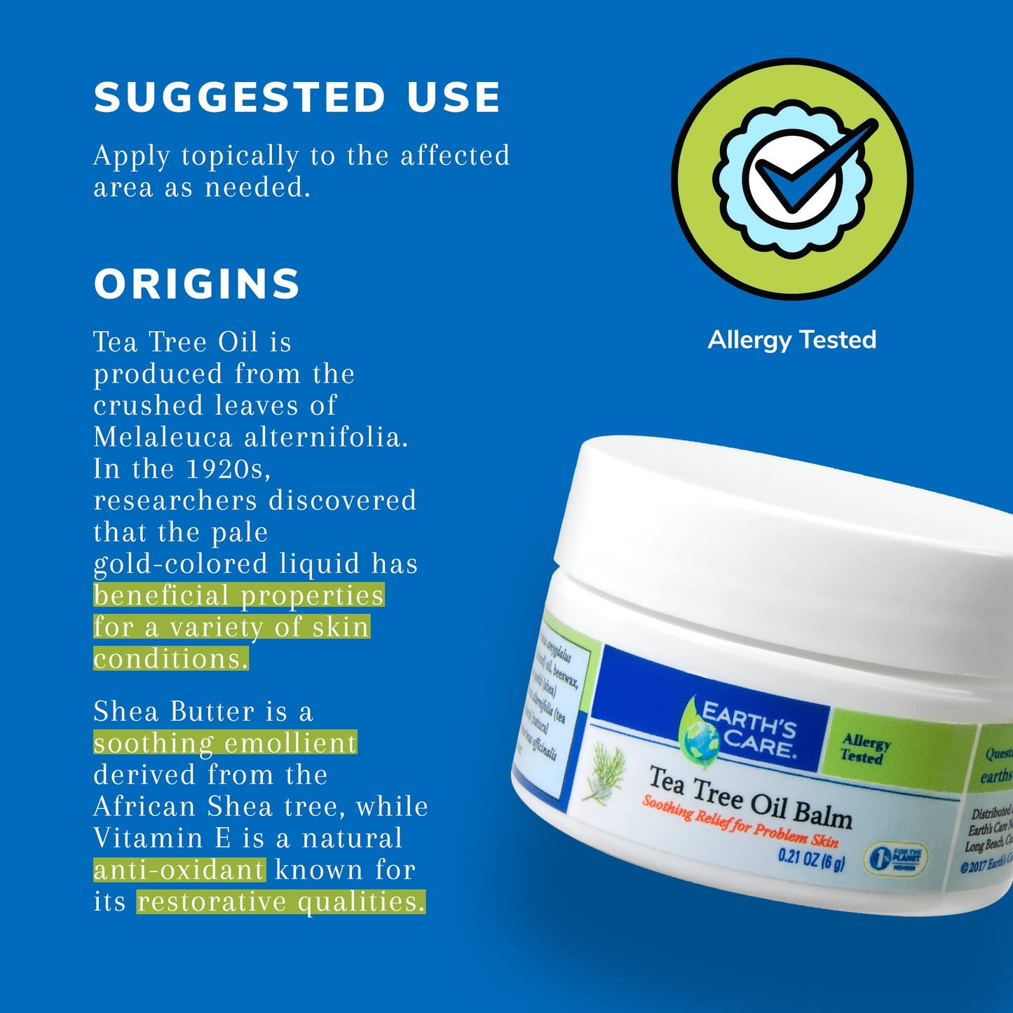 Bálsamo Earth's Care Árbol de Té prueba sin parabenos ni fragancias