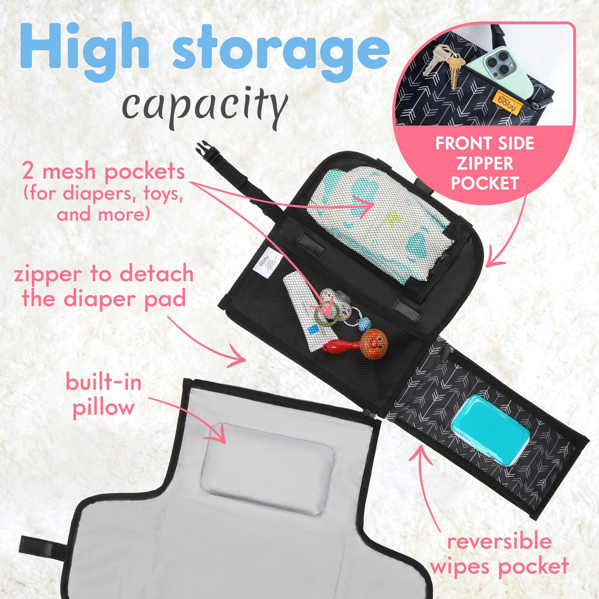 Kopi Baby - Cojín de cambio portátil, para recién nacidos, niña y niño, con bolsillo para toallitas inteligentes, kit de cambio de viaje impermeable, regalo para bebé, color negro