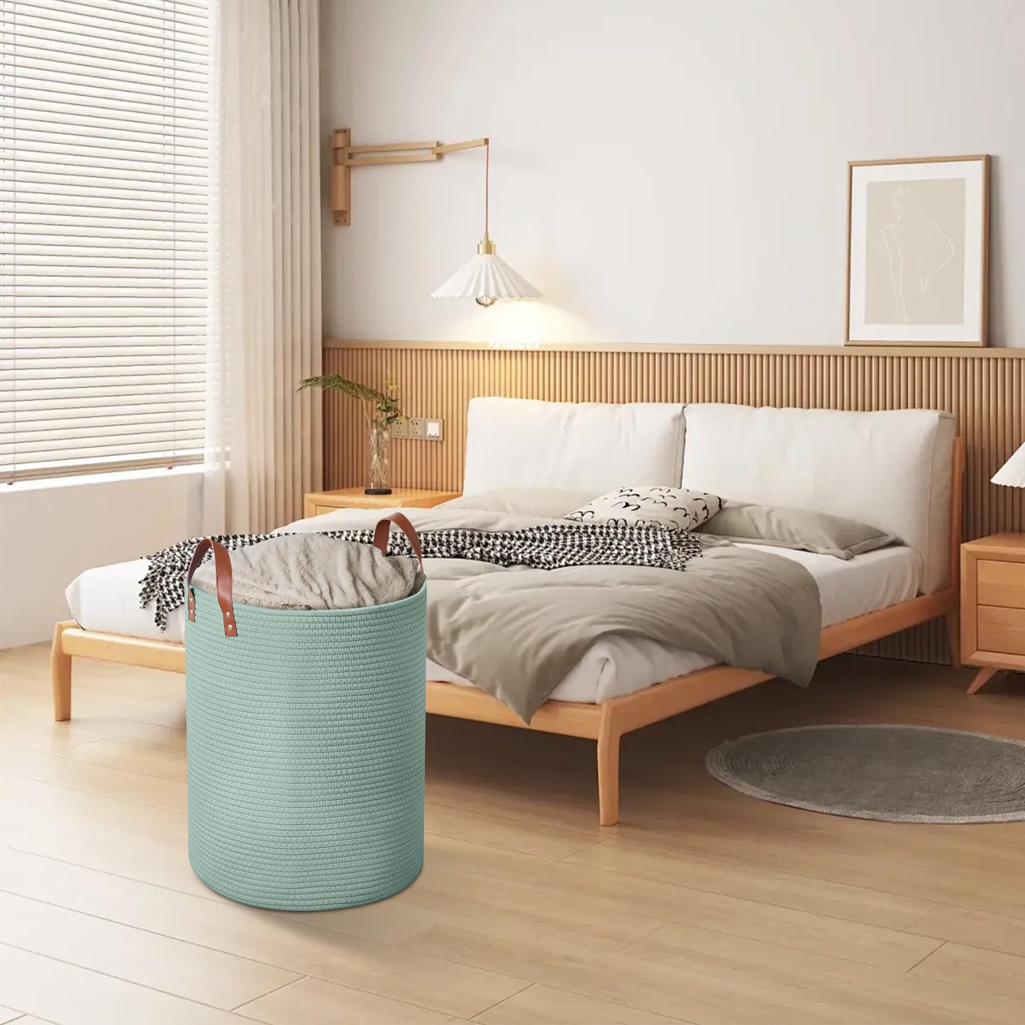 Wymulot - Cesta grande de cuerda de 80 l, cesta de almacenamiento de cuerda tejida con asas de piel, cesta de almacenamiento de juguetes para perros, recámara, almacenamiento de manta de guardería,
