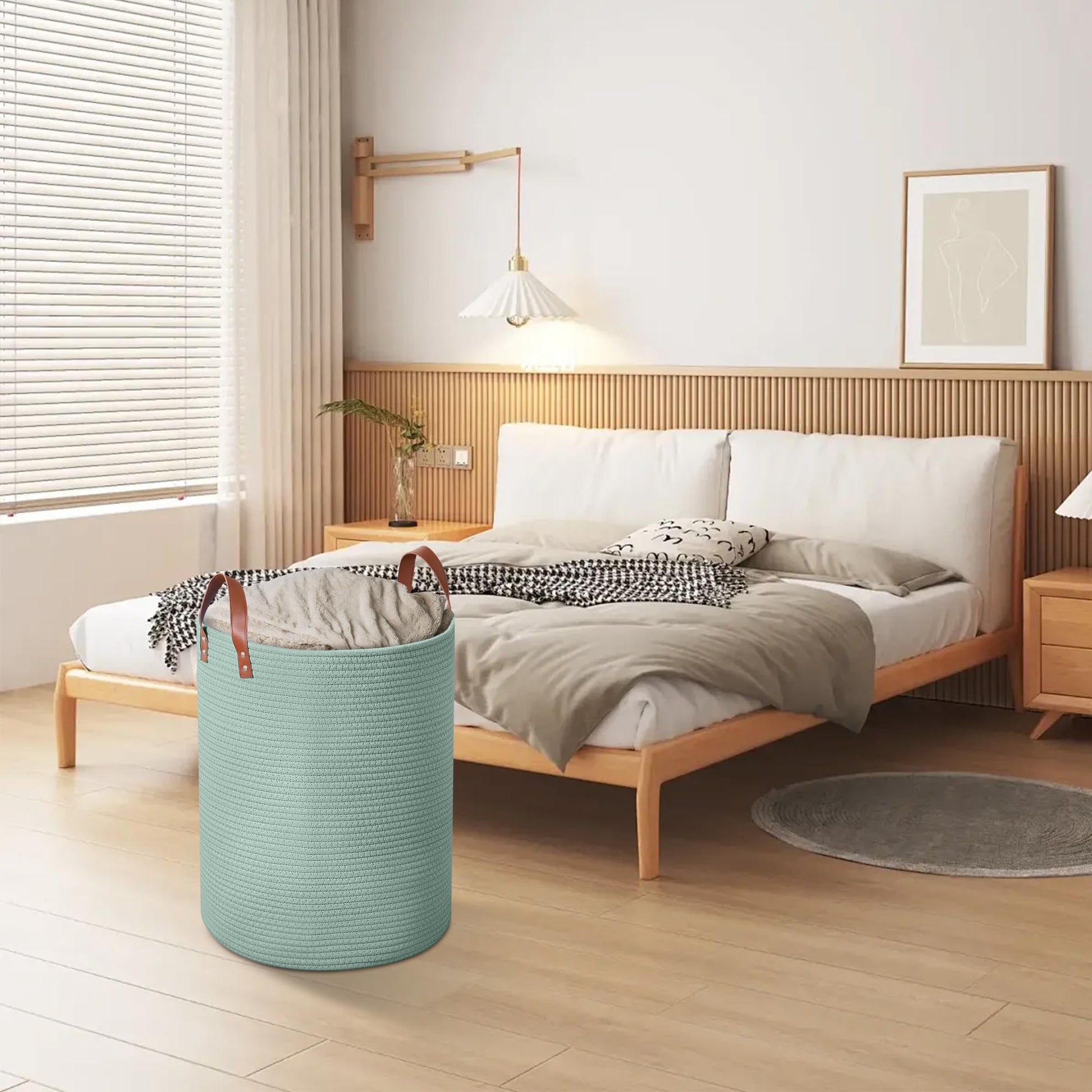 Wymulot - Cesta grande de cuerda de 80 l, cesta de almacenamiento de cuerda tejida con asas de piel, cesta de almacenamiento de juguetes para perros, recámara, almacenamiento de manta de guardería,