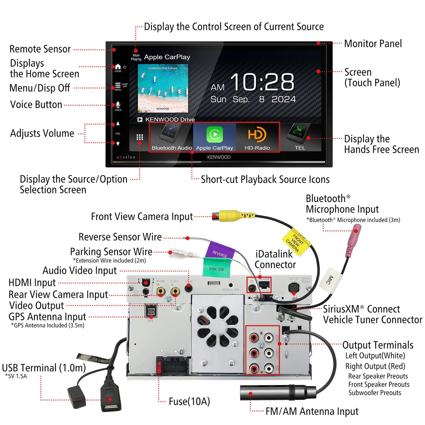 KENWOOD DMX709S eXcelon pantalla táctil capacitiva de 17,7 cm, estéreo de coche, CarPlay y Android Auto, Bluetooth, radio AM/FM HD, reproductor MP3, puerto USB, doble DIN, ecualizador de 13 bandas