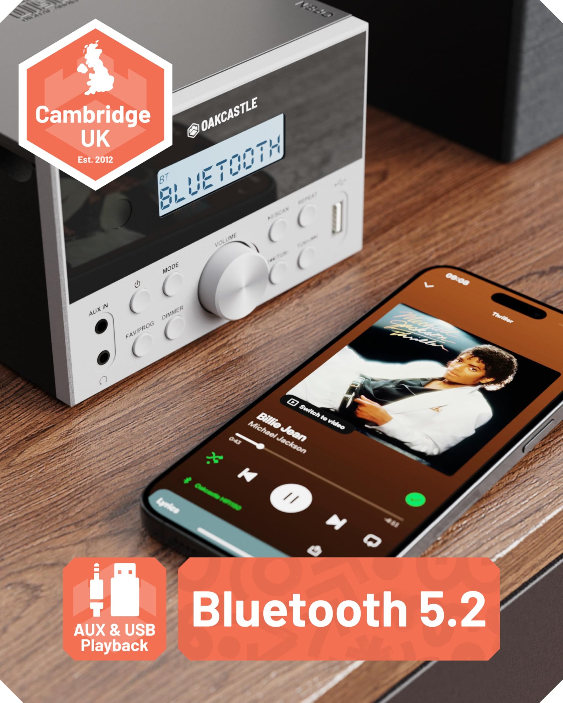 Sistema Estéreo Bluetooth 5.2 Potente de 20 W con Reproductor de CD y Altavoces de Madera para el Hogar