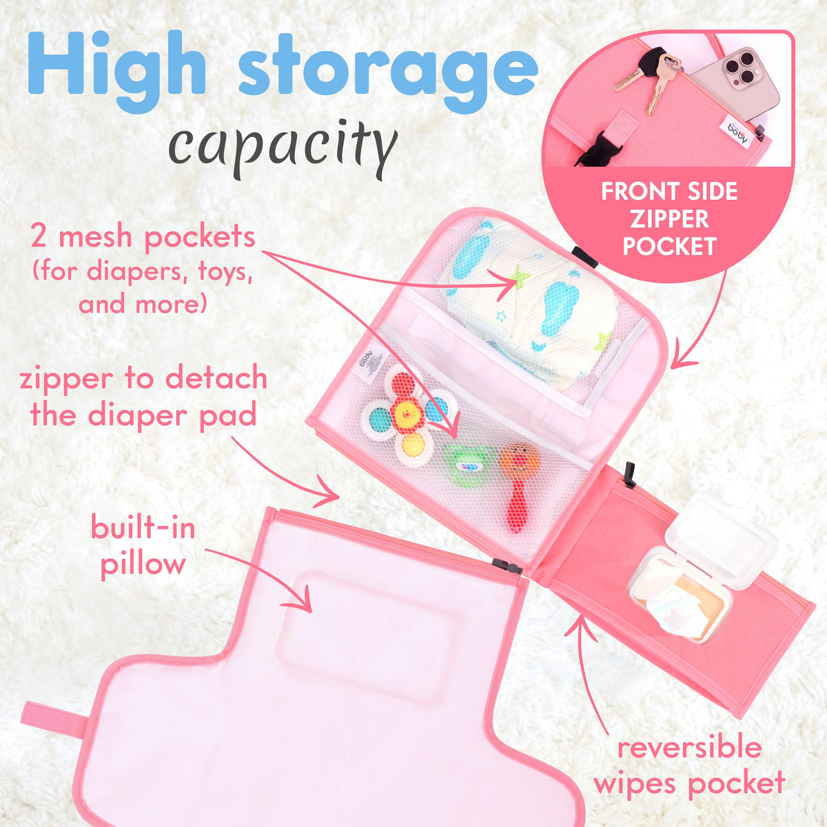 Kopi Baby - Cambiador de pañales portátil para bebé, bolsa de viaje con bolsillo para toallitas, tapete cambiador portátil de diseño inteligente, kit de estación de viaje para bebés, regalo para niñas