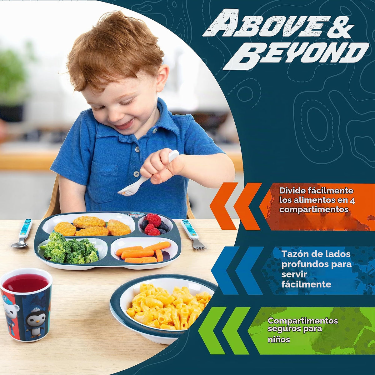 Octonauts - Juego de 5 platos divididos para la hora de la comida para niños y niños pequeños, incluye plato multicompartimento, cuenco, taza, tenedor y cuchara, utensilios duraderos, aptos para