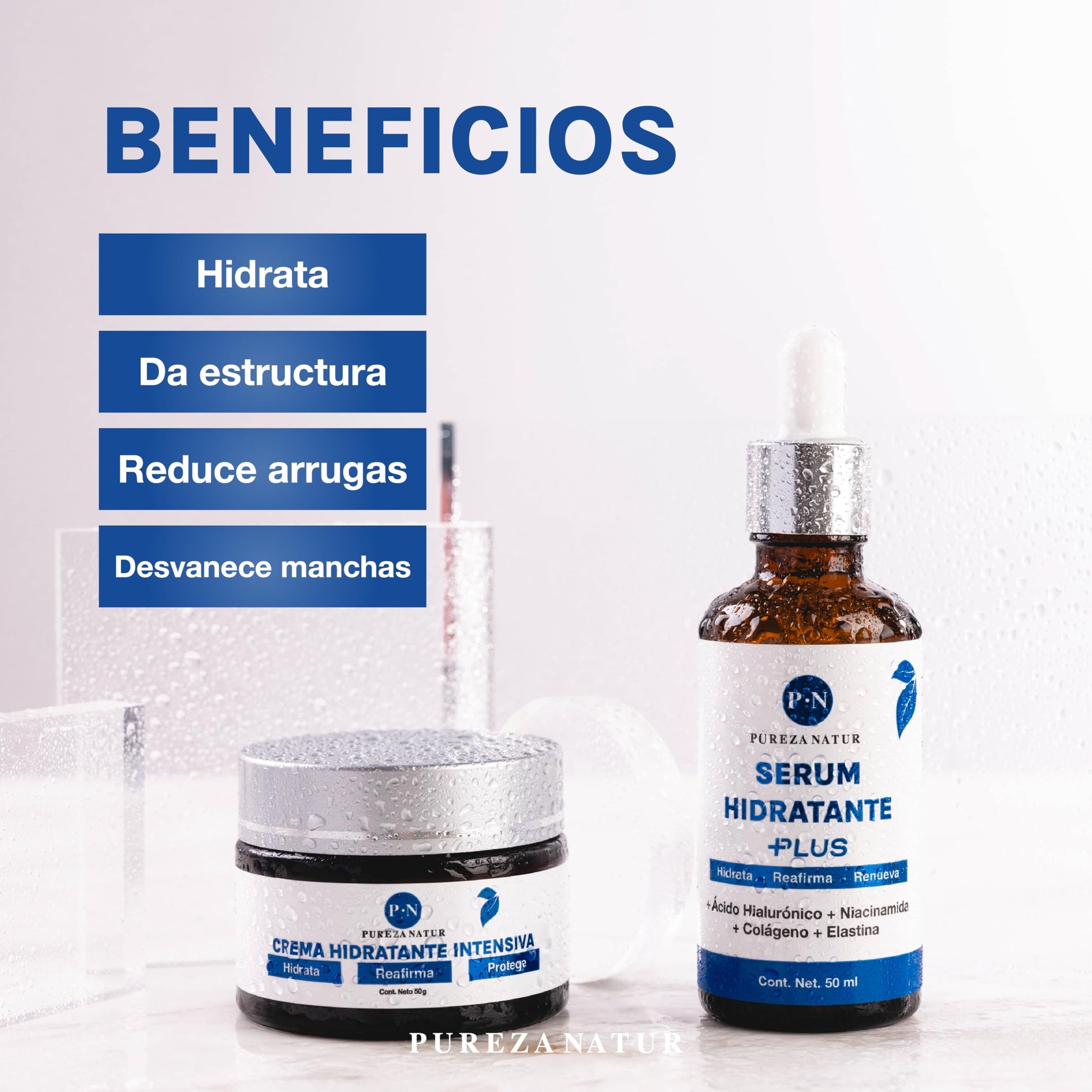 PUREZA NATUR Pack Hidratante intensivo serum Ácido hialurónico facial hidratante PLUS + Crema de hidratación intensiva | Paquete completo suero + crema para el cuidado de la piel, hidratación y rejuvenecimiento (Pack Hidratante intensivo)