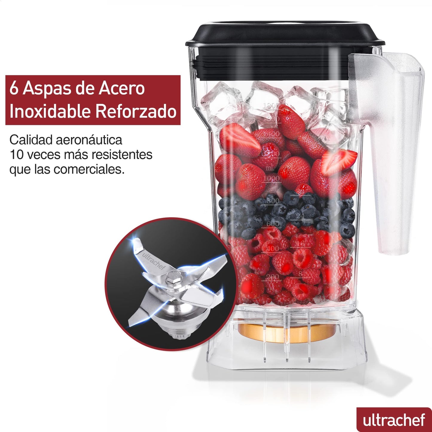 Vaso de Repuesto ULTRACHEF Transparente con Cuchillas de Acero Inoxidable para Licuadora Profesional U2000 1800 ml BPA FREE