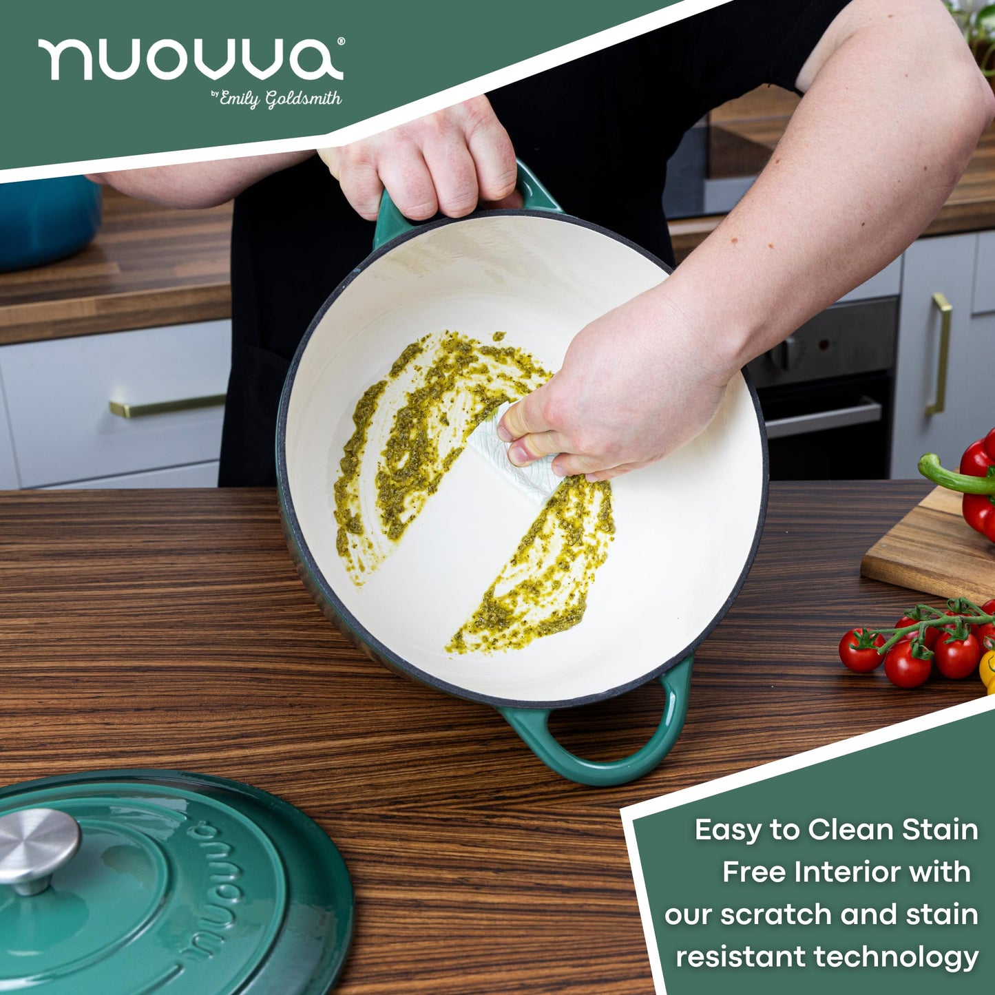 Nuovva - Horno holandés de hierro fundido con tapa - Cacerola esmaltada antiadherente - Utensilios de cocina resistente para horno holandés - Verde oscuro, 7.3 cuartos de galón, 30 cm