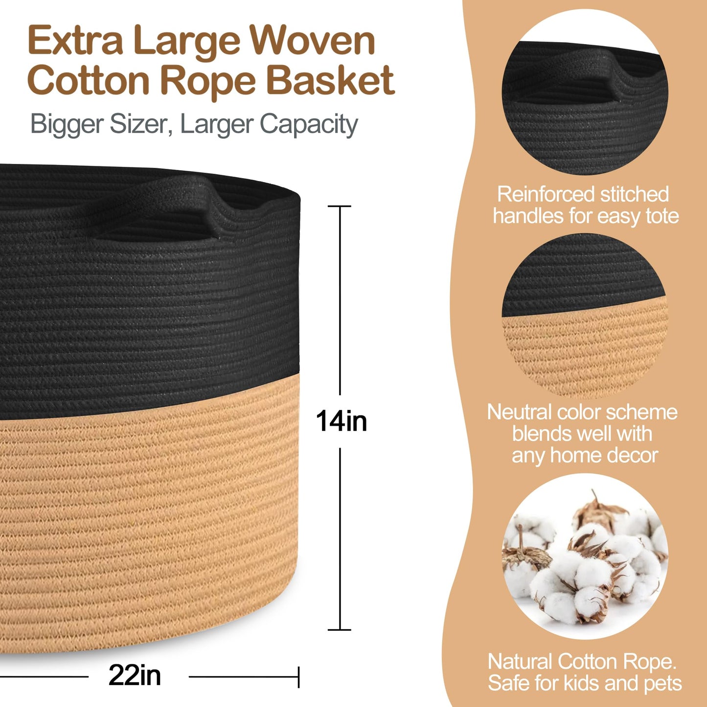 MEGASKET Cesta de Almacenamiento Extra Grande, 55.9 cm X 35.6 cm Cesta de Almacenamiento para Mantas para Sala de Estar, Caja de Juguete Decorativa para Niños y Perros, Grandes Cestas Tejidas de
