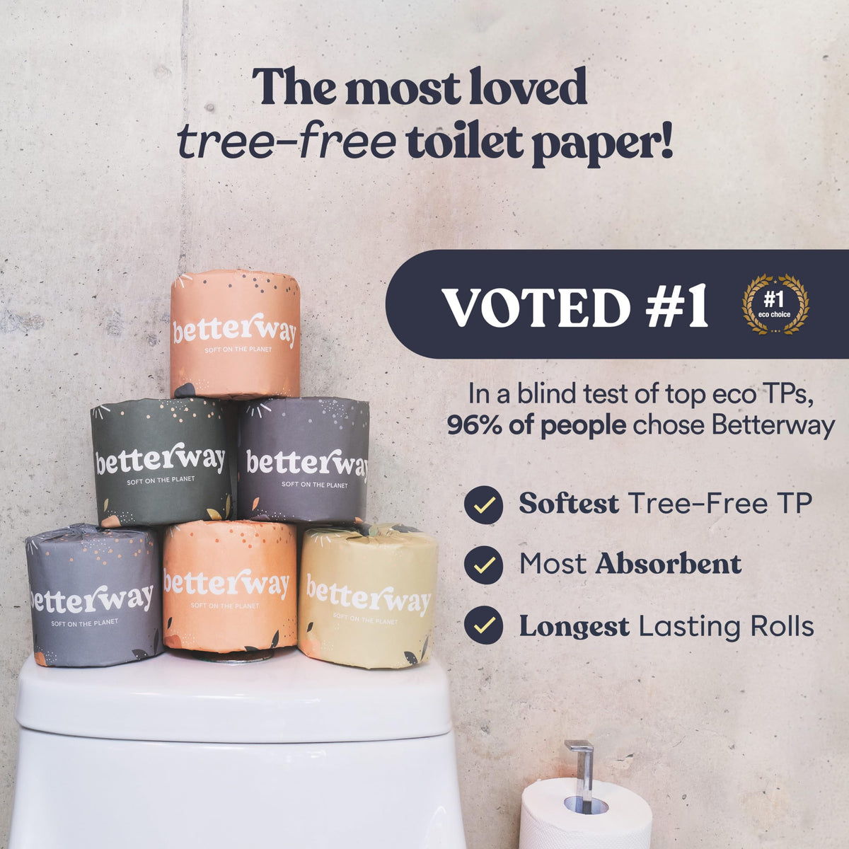 Papel Higiénico Betterway Bambú 3 Capas Sostenible 24 Rollos Dobles 360 Hojas Orgánico Sin Plástico Certificado FSC