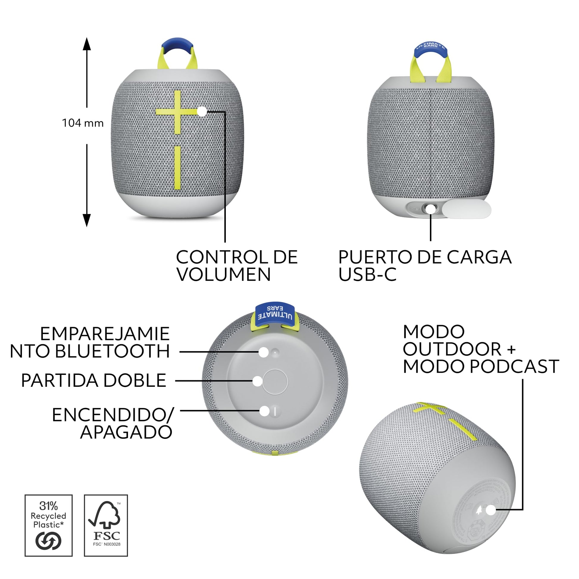 Ultimate Ears WONDERBOOM 4, Bocina Bluetooth portátil Resistente al Agua con Graves potentes y Sonido de 360 Grados, Bocina Flotante a Prueba de Polvo con Alcance de 40 Metros - Gris